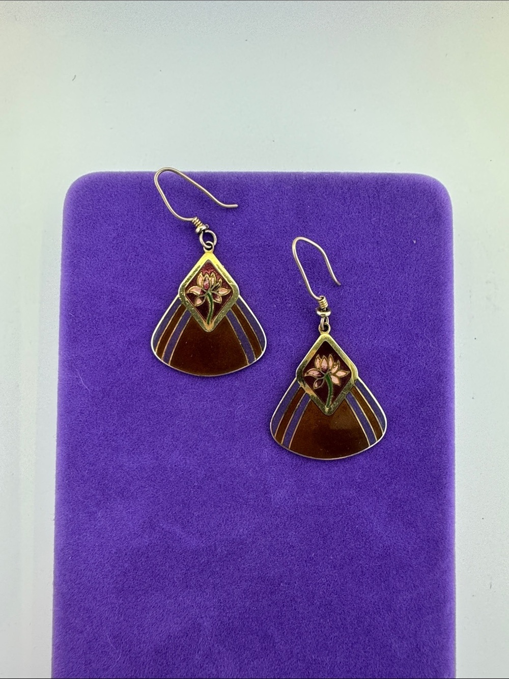 💛 Vintage Laurel Burch Gold Plated Brown Water Lilly Enamel Drop Earrings